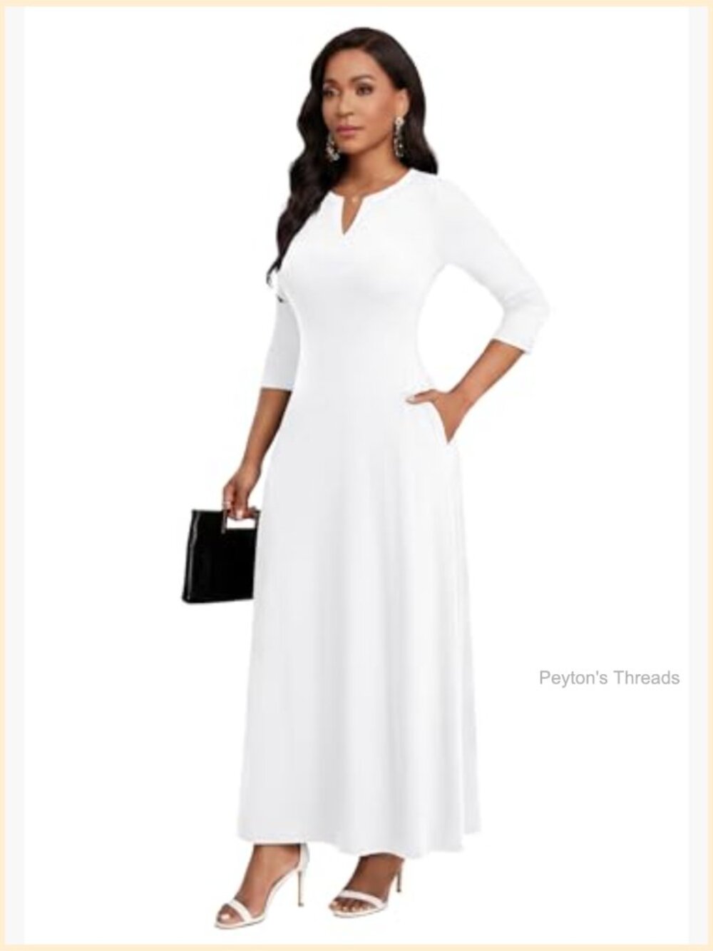 V-Neck 3/4 Sleeve Elegant Maxi Dress with Pockets Church Dresses - Picture 2 of 7